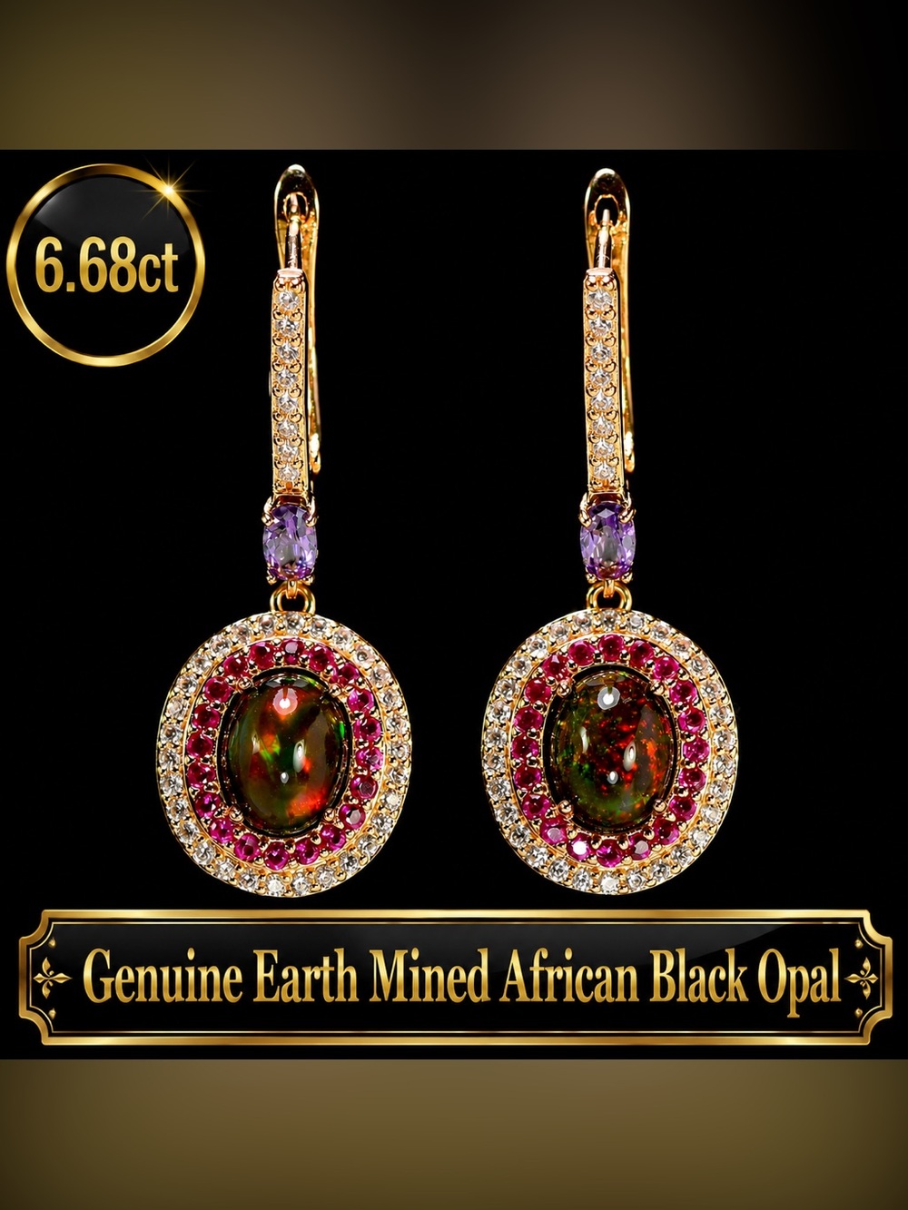 Black Opal Earrings 14k Rose Gold Electroplated 925